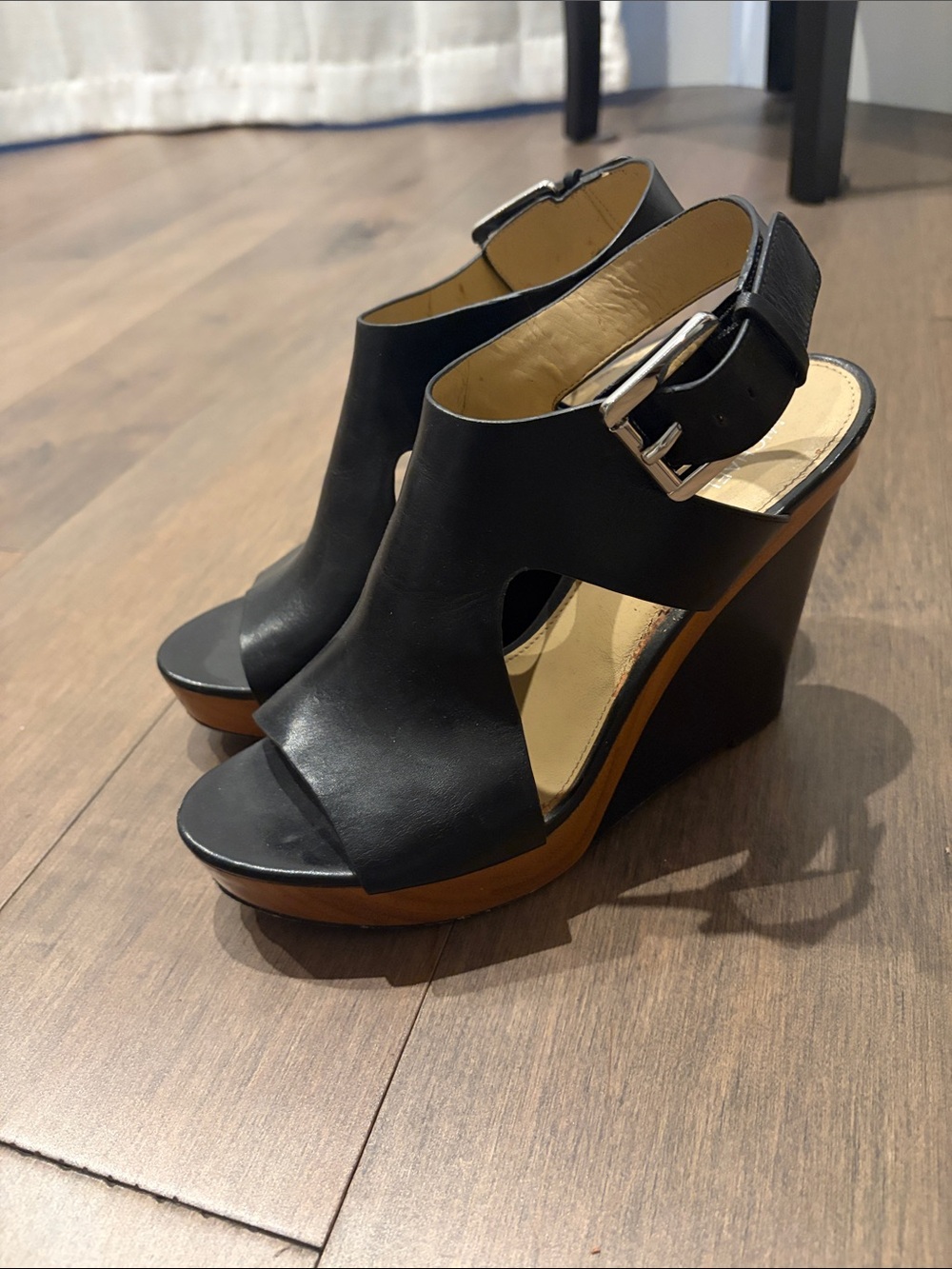 Michael Kors Black Leather Peep-Toe Wedge Sandals with Wood Platform
